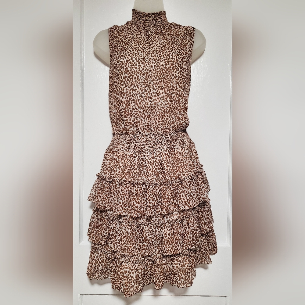 MSK animal print, mock neck ruffled mini tank dress, sz L